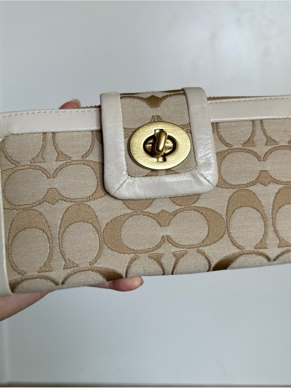 Coach Beige Signature Canvas Turn-Lock Clutch Wallet